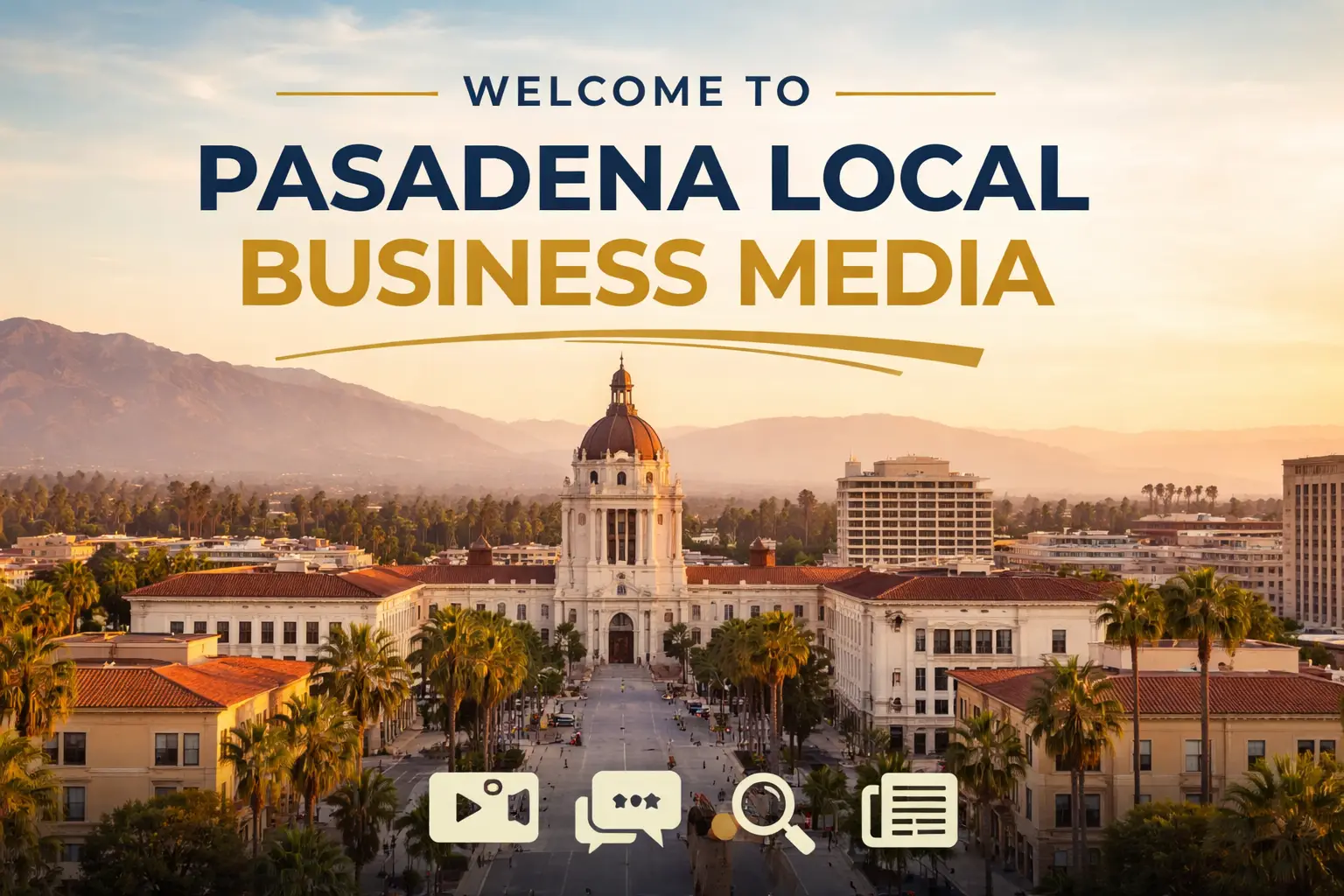 Welcome to Pasadena Local Business Media featuring Pasadena City Hall skyline at sunset