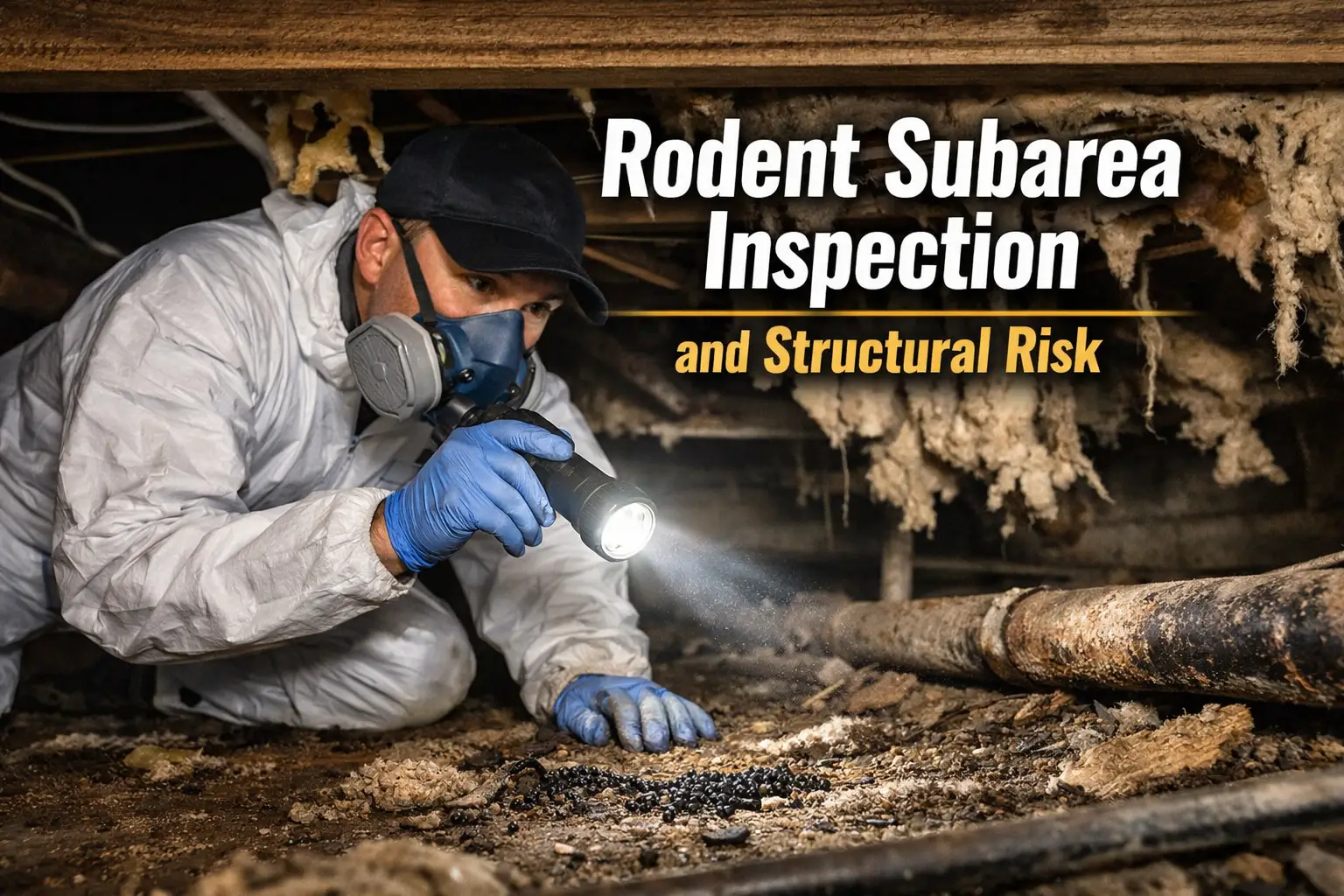 Pasadena exterminator performing rodent subarea inspection in crawlspace to identify structural nesting and contamination risk
