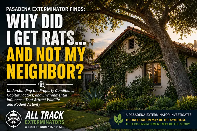 Pasadena home surrounded by mature landscaping and vegetation illustrating why some properties may attract wildlife and rodent activity while neighboring properties do not.